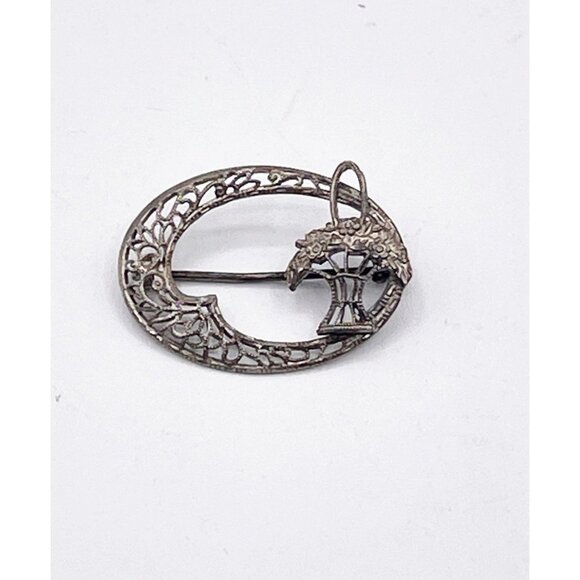 Antique Sterling Silver Brooch Oval Filigree Flower Basket C Clasp 1910s–1930s - Picture 1 of 6